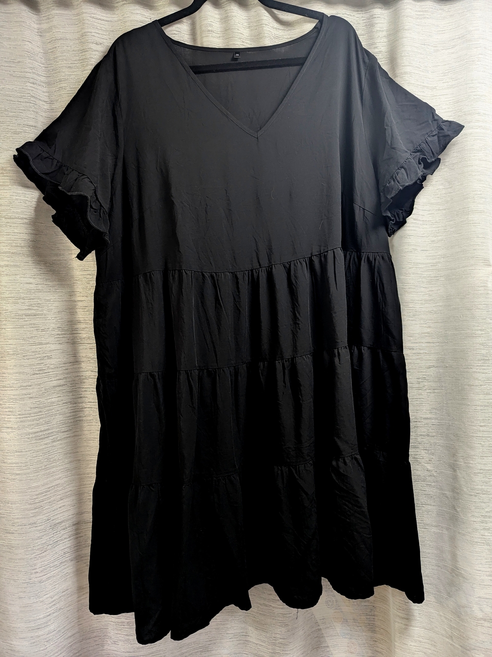 V-Neck Black Tiered Midi Dress with Ruffle Sleeves